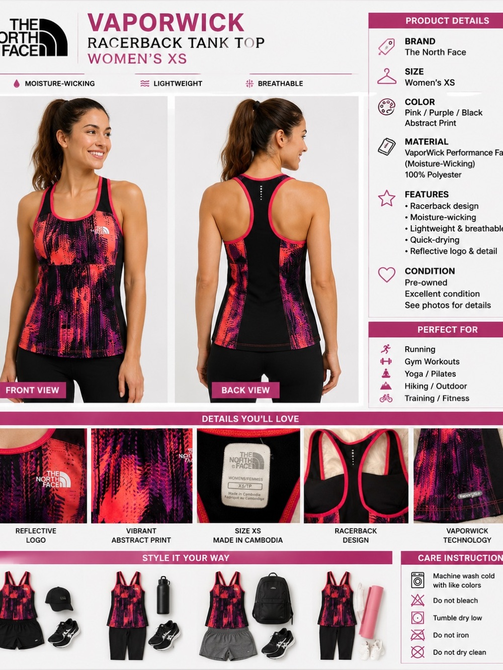 The North Face VaporWick Racerback Athletic Tank Top Women's XS Pink Purple